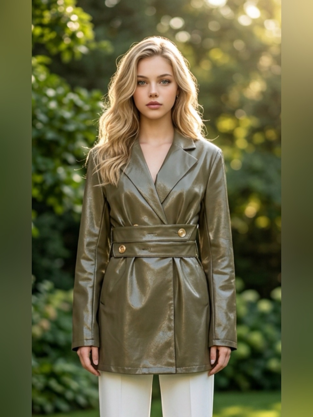 Olive Green Faux Leather Belted Trench Blazer